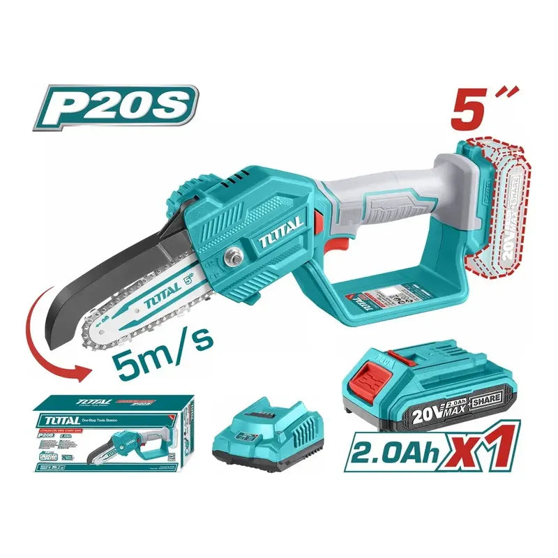 Mini Motosierra De Mano Inalámbrica Total Tgsli20581 Turquesa 5 Pulgadas 130mm Jardín Poda Con 1 Batería 2.0ah Litio-ion Y Cargador
