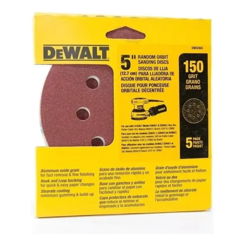 Disco Lija Velcro 127mm G 150 Set 5 Unidades Dewalt Amarillo
