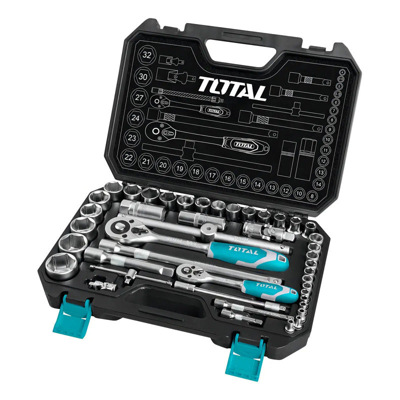 Caja Set De Herramientas Llaves Tubo 44 Piezas Total Turquesa