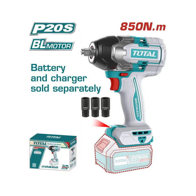 Llave De Impacto Industrial Inalambrica Brushless 1/2 PuLG Total 850nm Color Turquesa 20v