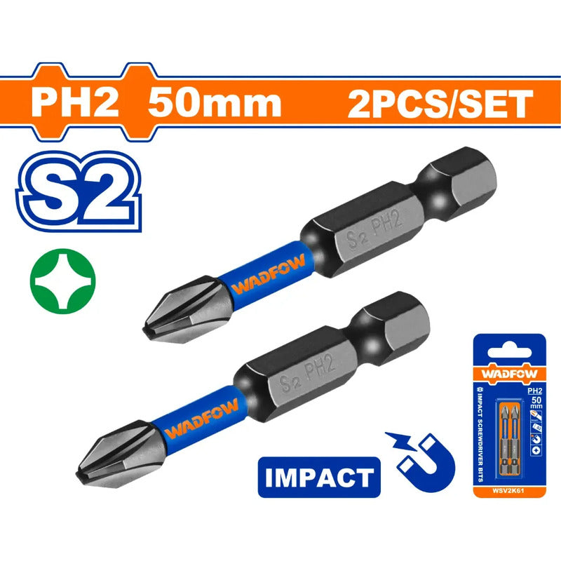 Set X2 Puntas Impacto Ph2 50mm Acero S2 Wadfow Wsv2k61