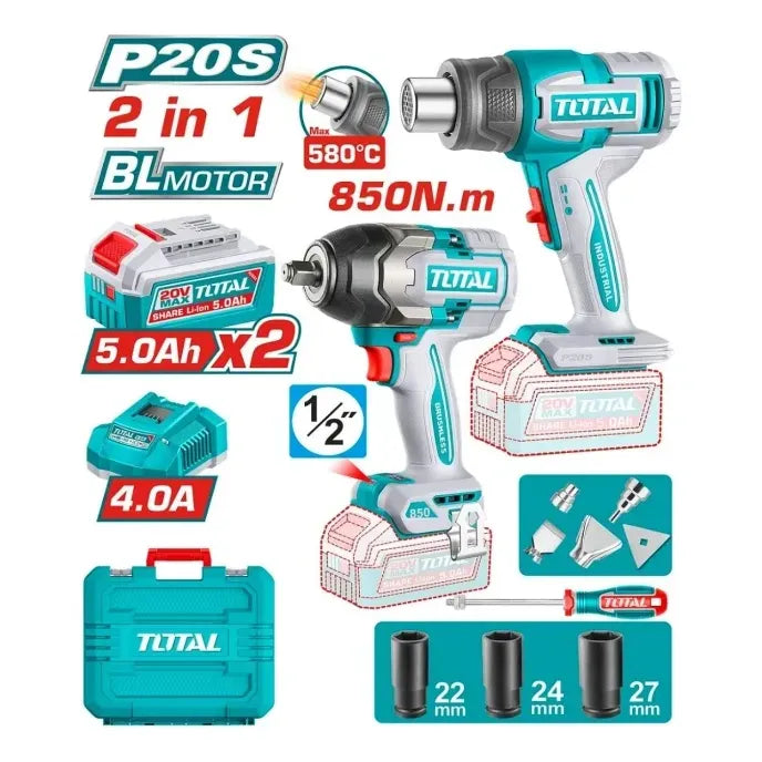 Total Combo Llave Impacto + Pistola De Calor 20v Tosli260381 Turquesa 20v 50