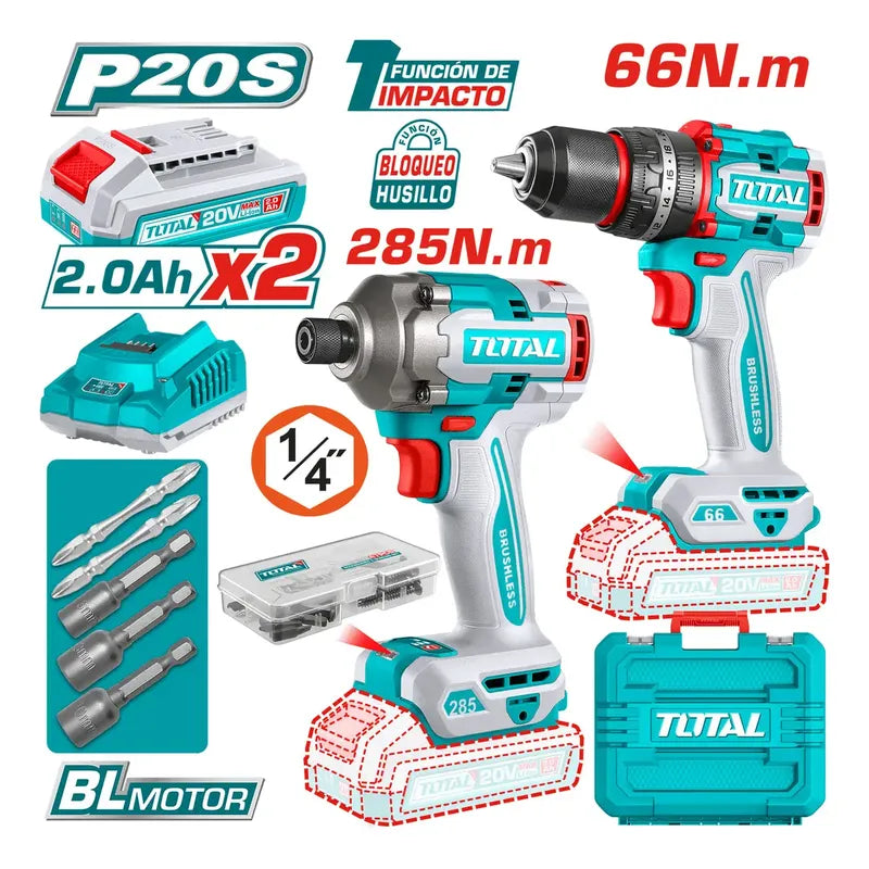 Kit Atornillador De Impacto+ Taladro 20v 2bat+ Carg Total