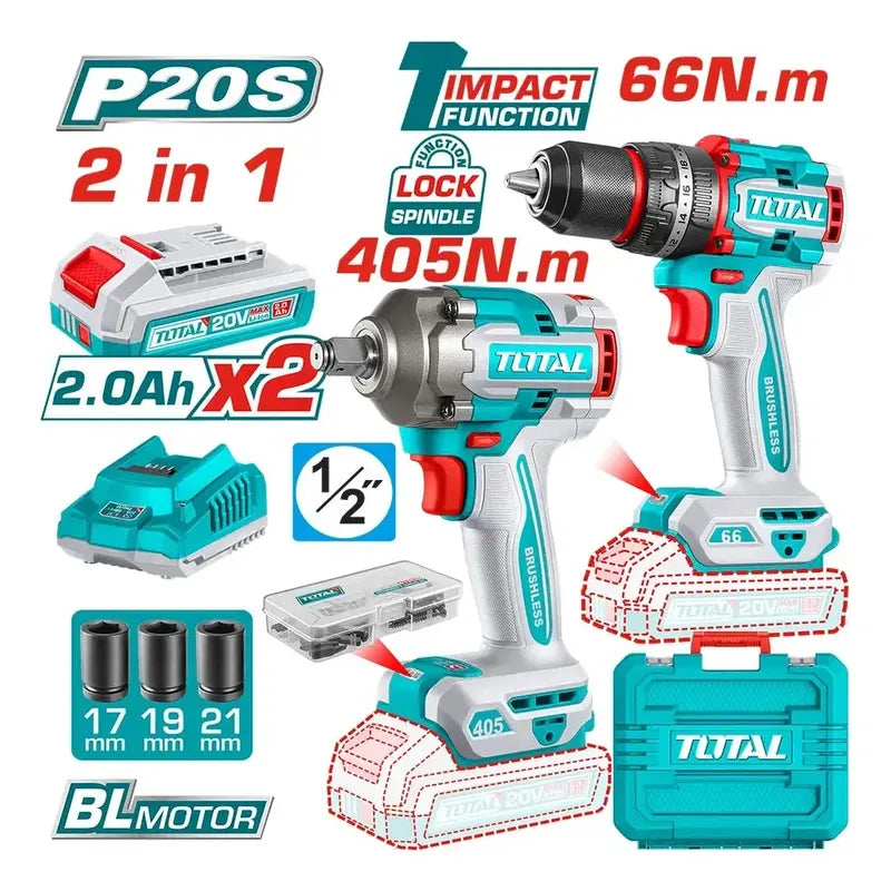 Kit Taladro Percutor 66nm + Llave Impacto 405nm 20v + Total