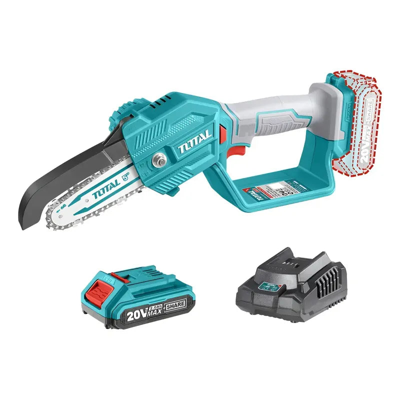 Mini Motosierra De Mano Inalámbrica Total Tgsli20581 Turquesa 5 Pulgadas 130mm Jardín Poda Con 1 Batería 2.0ah Litio-ion Y Cargador