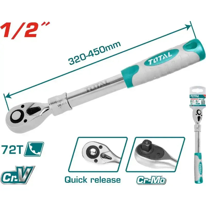 Ratchet 1/2 72t Extendible 340-450mm Cr-v + Crmo Industrial Color Plateado