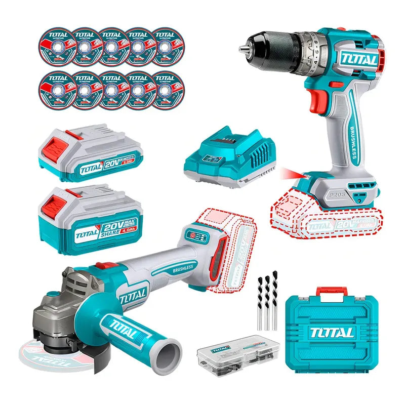 Kit Taladro Percutor 66nm Cinta Roja Amoladora Inalambrica 115mm Motor Brushless C Bateria 2.0a.h Y 4.0a.h 20v