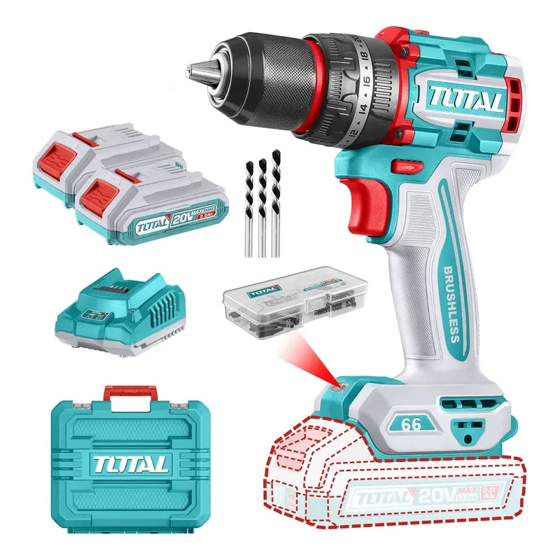 Taladro Percutor Atornillador Inalámbrico Total Brushless 66mm Con Maletín 2 Baterías Y Accesorios Turquesa 50 60hz