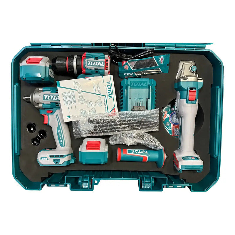 Kit Total 20v Taladro Amoladora Y Llave De Impacto 2 Bateria