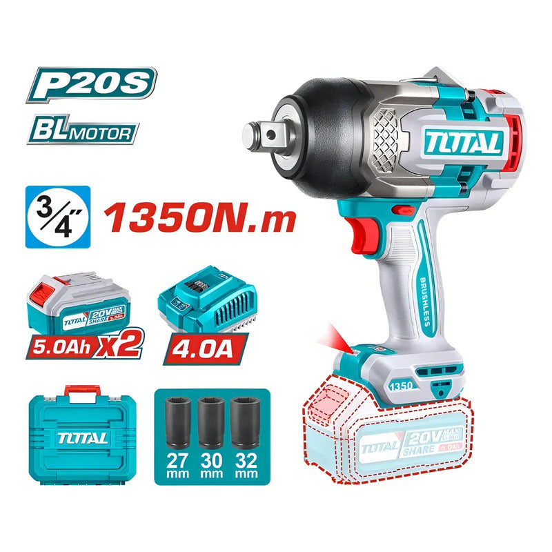 Llave De Impacto Total Tiwli20135 Incluye Maletín 3 Bocallaves Cargador De Batería Y 2 Baterías De 5ah Color Turquesa 20v