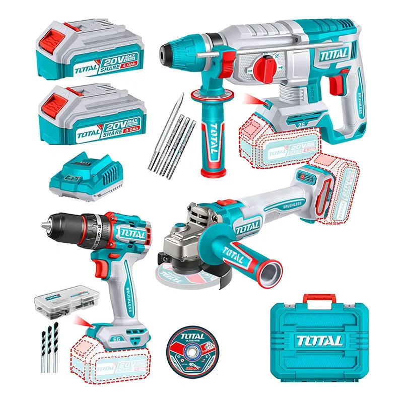 Kit Taladro + Galletera Esmeril + Rotomartillo 20v Total