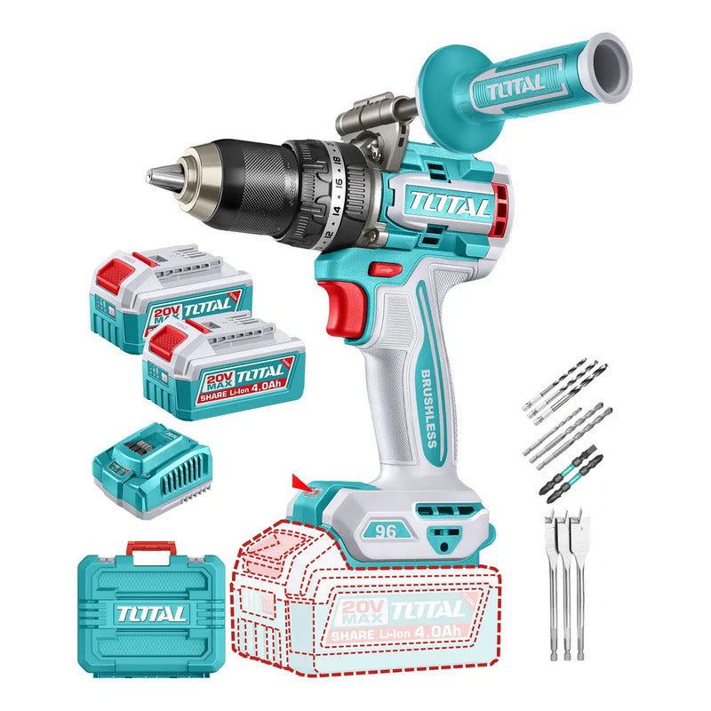 Taladro Percutor Y Atornillador Inalámbrico Total 20v, Industrial, Motor Sin Carbones - Mandril 13mm, 96nm - Con 2... Turquesa