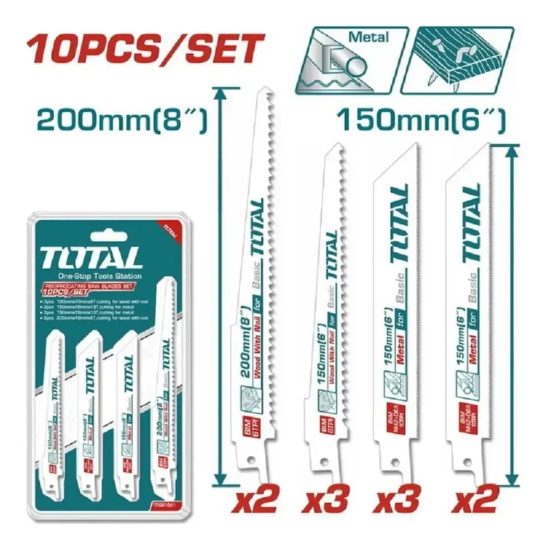Set Hojas Sierra Sable Para Madera Metal 10pz Total Trsb1001