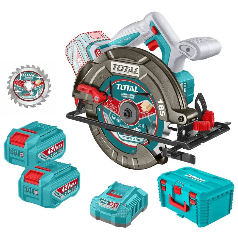 Sierra Circular Inalámbrica Total 42v - Motor Brushless, Sin Carbones - 7.1/4 Pulgadas, 185mm - Con 2 Baterías 2.5ah Litio-ion, Cargador, Disco Y Valija - Tsli4218512 Turquesa