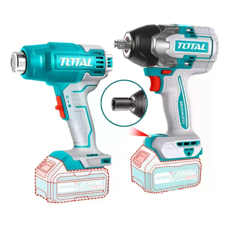 Llave Impacto 1/2 850nm + Pistola Calor + 2 Bat 4h Total Color Turquesa Frecuencia 50 Hz/60 Hz 20v