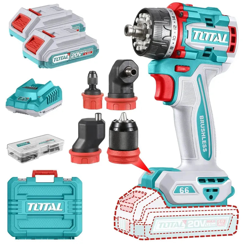 Taladro Atornillador Inalámbrico Total 20v Multifunción, Motor Sin Carbones, 66nm - Con 4 Cabezales Intercambiables, 2 Baterías Litio-ion, Cargador Y Maletín - Tdli206686 Turquesa