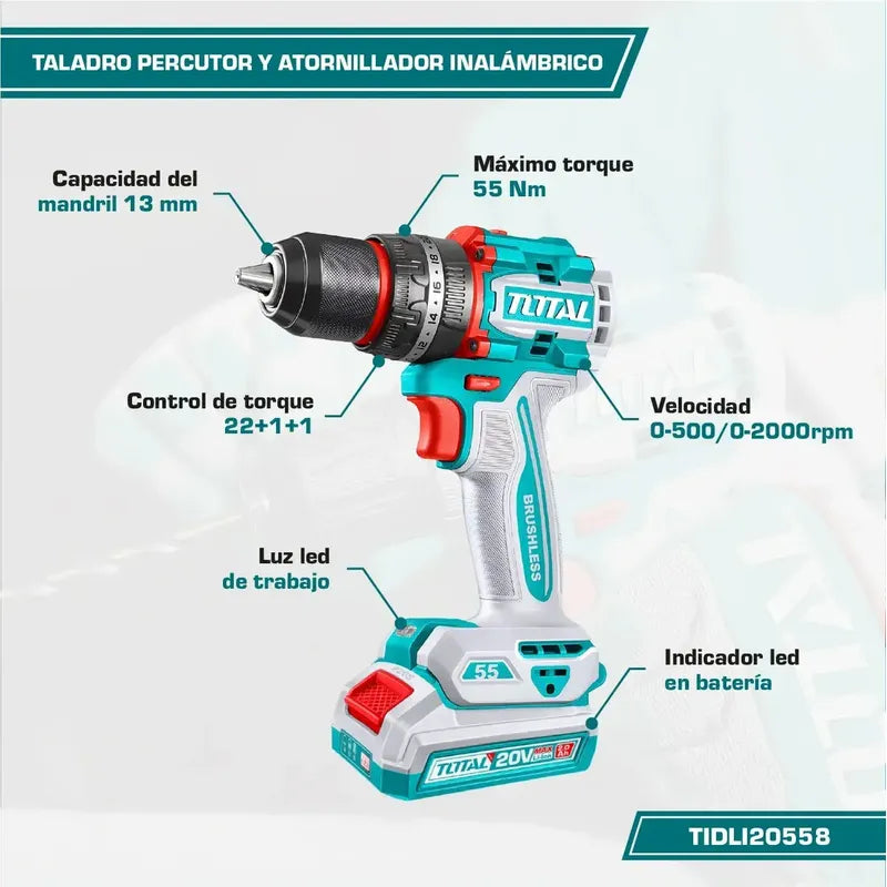 Taladro Percutor Y Atornillador Inalámbrico Total, Industria Turquesa 50 60hz