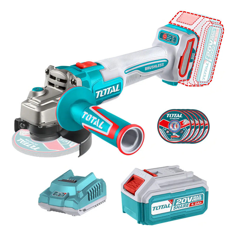 Amoladora Inalámbrica Total 20v Industrial - Motor Sin Carbones 900w - 4.1/2 Pulgadas, 115mm - Con Batería 4.0ah Litio-ion, Cargador, 5 Discos - Tagli261521 Turquesa