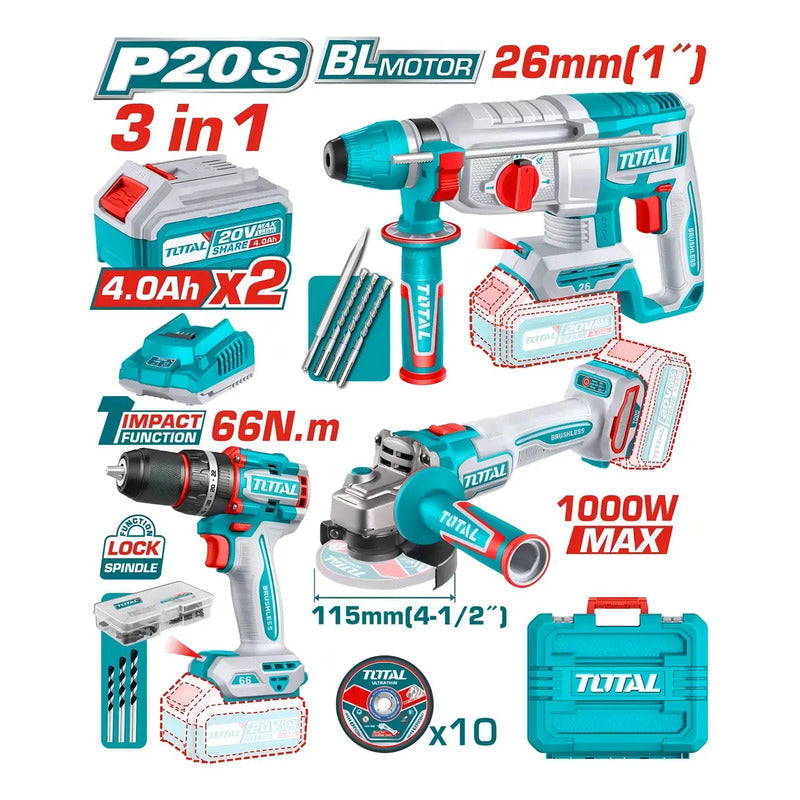 Kit Taladro + Galletera Esmeril + Rotomartillo 20v Total