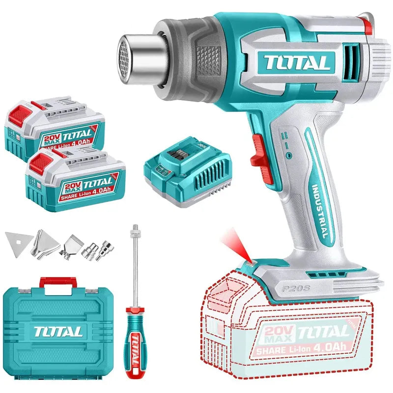 Pistola De Calor Inalámbrica Total 20v Industrial, Dos Temperaturas 300ºc Y 580ºc - Con 2 Baterías 4.0ah, Cargador 4a, 4 Boquillas, Raspador Y Maletín - Tbli20085 Turquesa