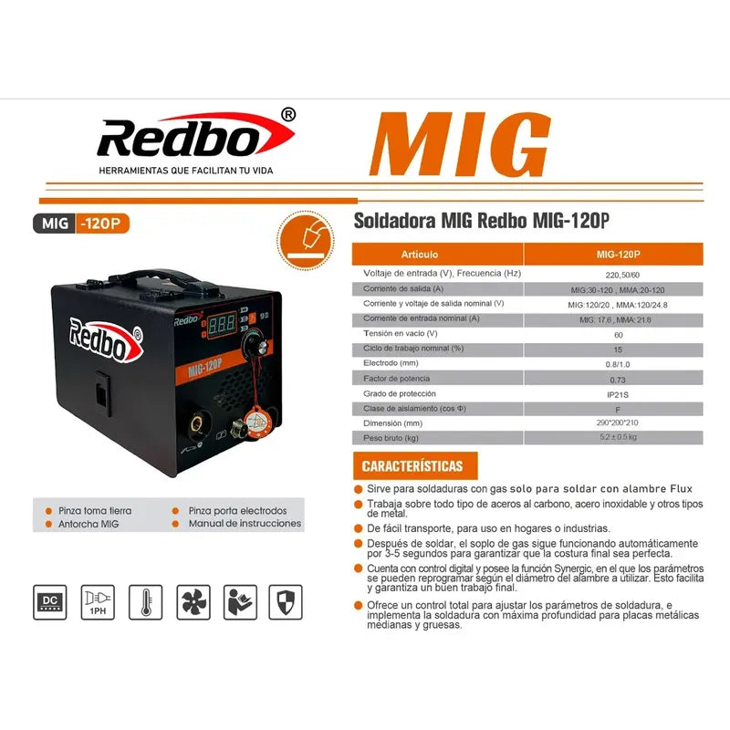 Soldadora Mig Sin Gas Y Al Arco Redbo + Alambre Flux Negro