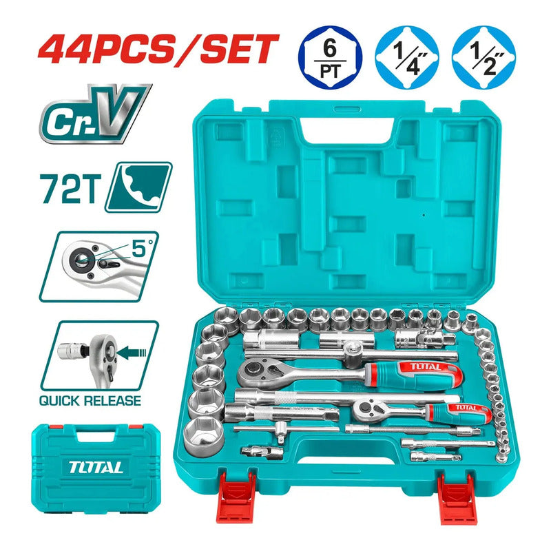 Caja Set Tubo 1/2 1/4 Llave Crique 44 Pzs Total Cr-v Turquesa