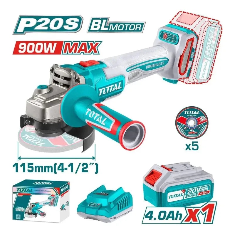 Esmeril Angular Total 20v Inalámbrico 4.0ah Carg + 5 Discos Turquesa
