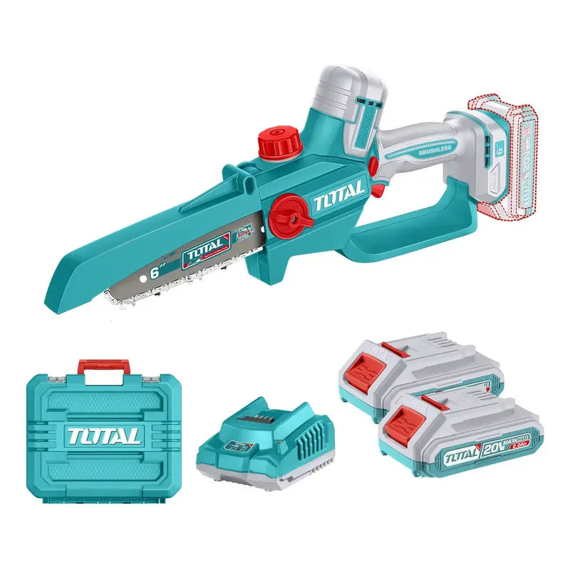Mini Motosierra De Mano Inalámbrica Total 20v, Motor Brushless, Sin Carbones - 6 Pulgadas, 150mm - Jardín, Poda - Con 2 Baterías 2.0ah Litio-ion, Cargador Y Maletín - Tgsli20662 Turquesa