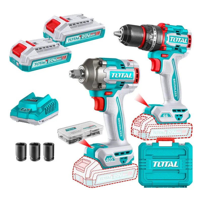 Kit Taladro Percutor 66nm + Llave Impacto 405nm 20v + Total